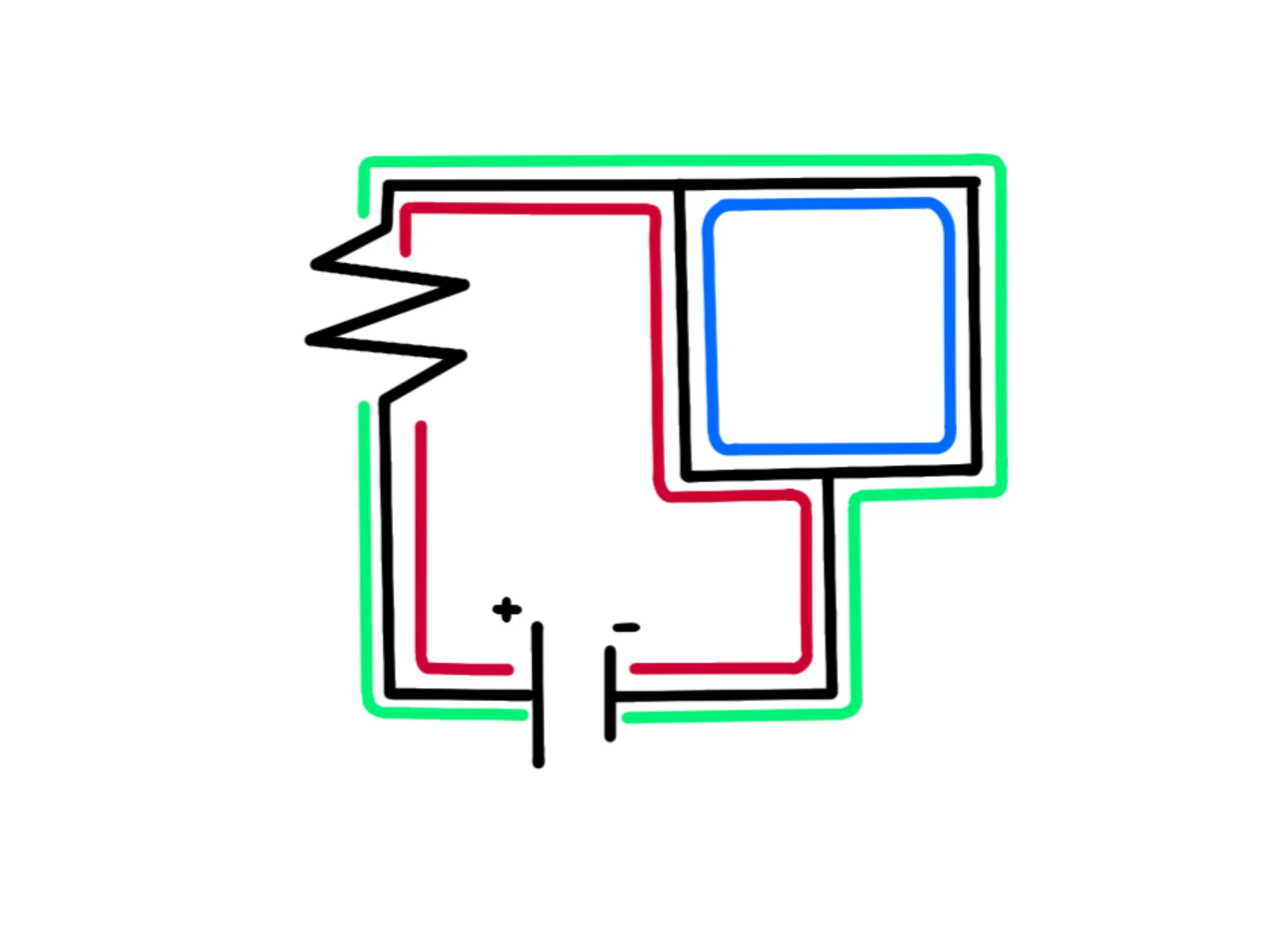 Che cos'è circuito elettrico — Schema circuito elettrico con batteria, resistenza e percorsi in colori diversi