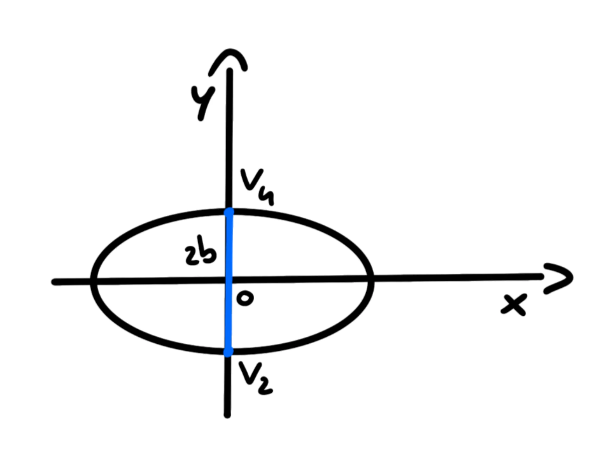 Ellisse con fuochi sull'asse — Ellisse con fuochi sull'asse x e centro nell'origine, evidenziato asse verticale.