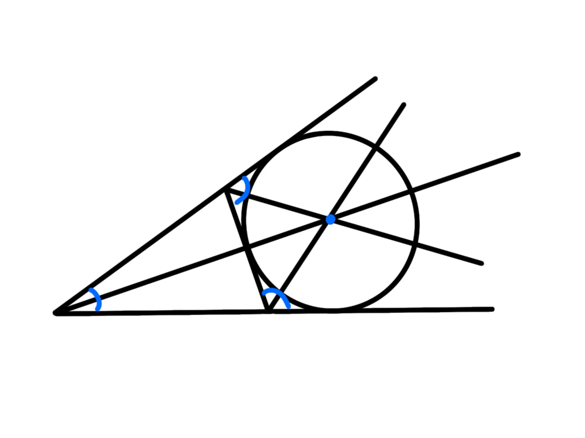 Excentro — Excentro triangolo, circonferenza tangente ai lati e prolungamenti.