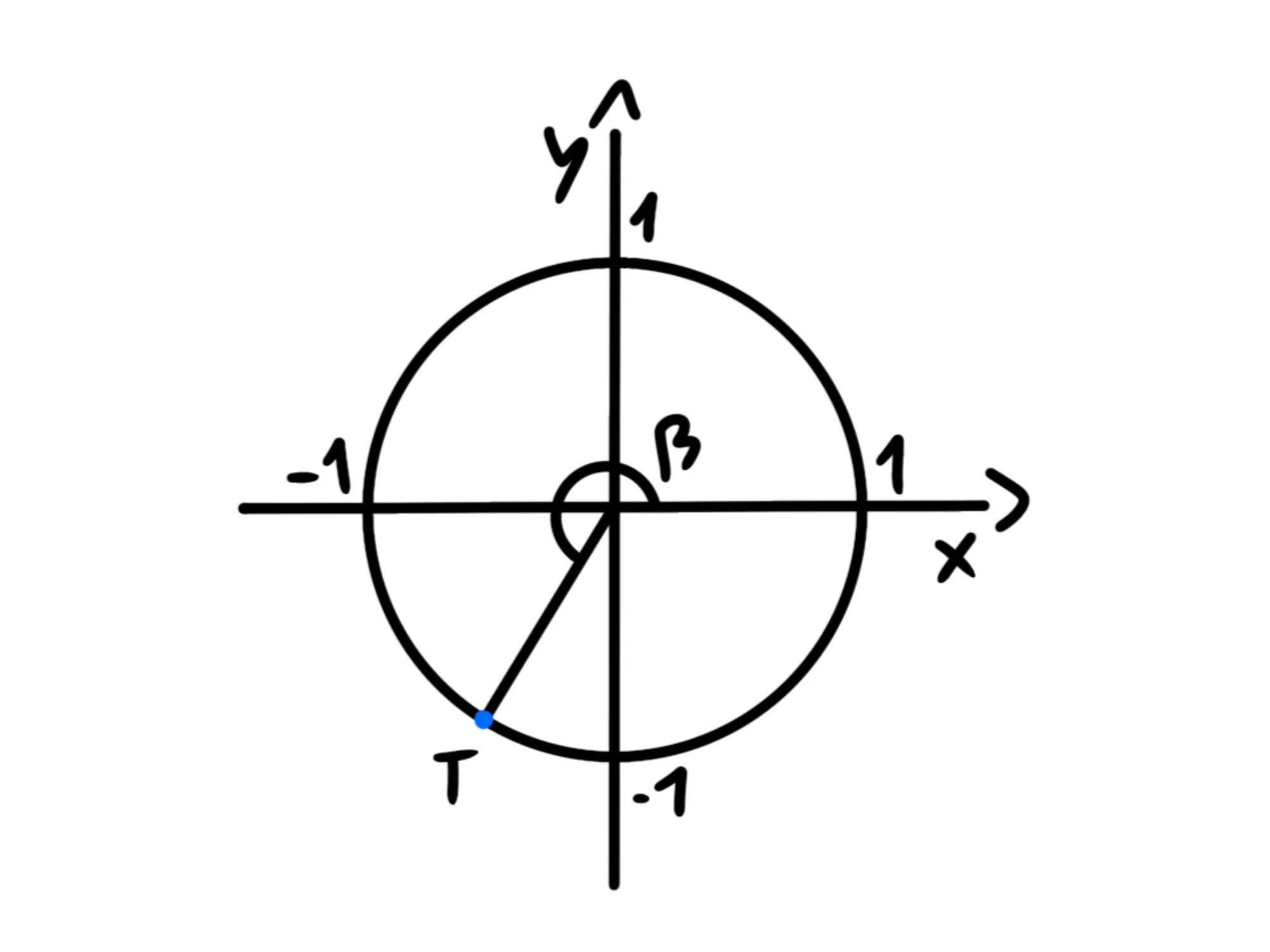 Cosa sono — Cerchio unitario, punto T nel terzo quadrante, x e y negative.