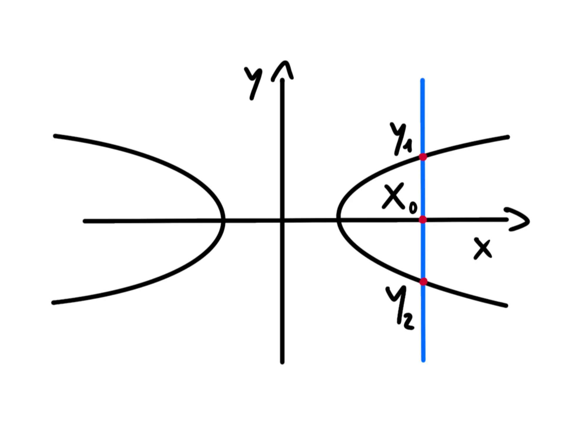 Cos'è un'iperbole — Iperbole disegno, curve con asse x e y, linee incrociate, punti y1, y2, x0 segnati.