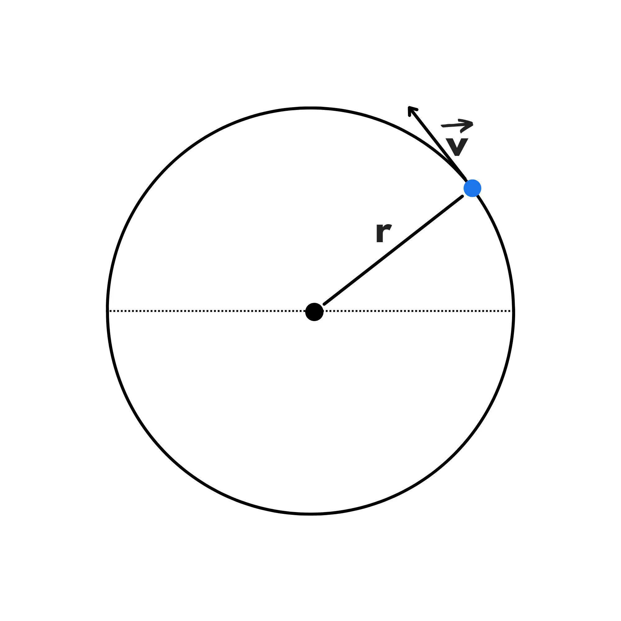 Moto circolare uniforme — Moto circolare uniforme, vettore velocità tangente e raggio indicati.