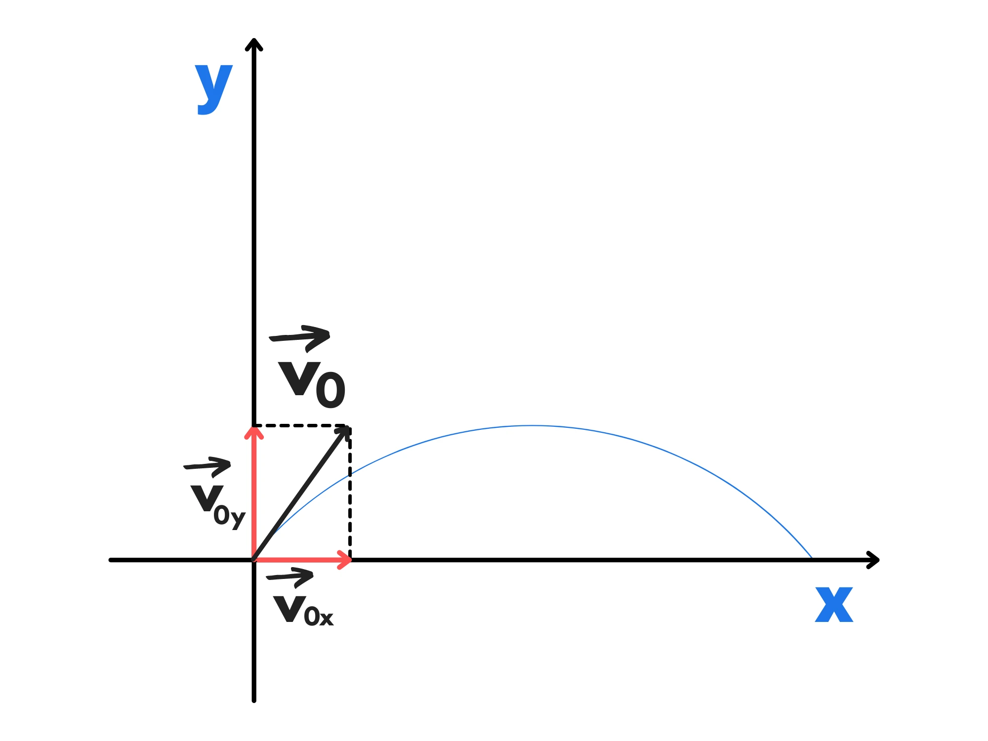 Moto proiettile con velocità — Moto parabolico con angolo, vettori velocità iniziale e scomposizione sugli assi x e y.