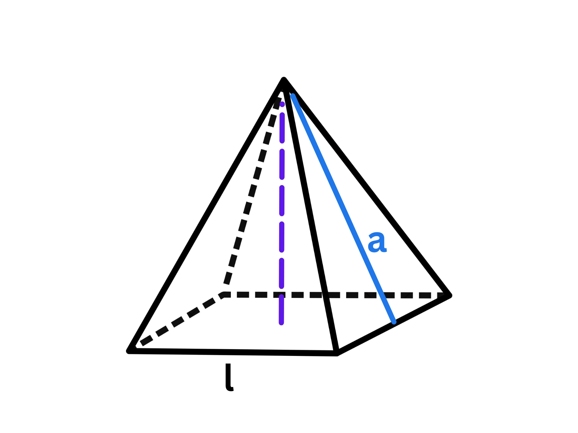 Piramide retta — Apotema piramide retta, contrassegnata in blu, mostra altezza laterale.
