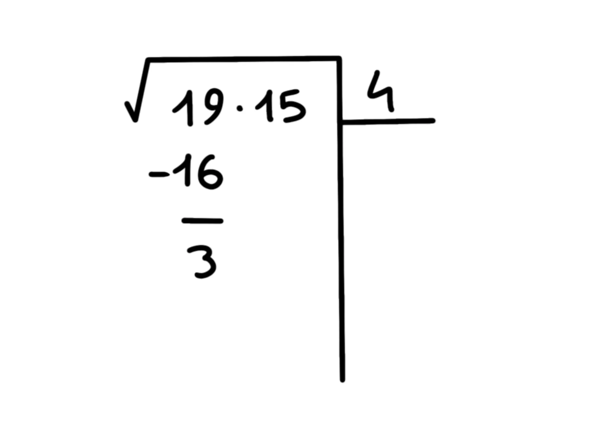 Cos' radice quadrata — Algoritmo radice quadrata con divisione, sottrazione di 16, risultato parziale 3.