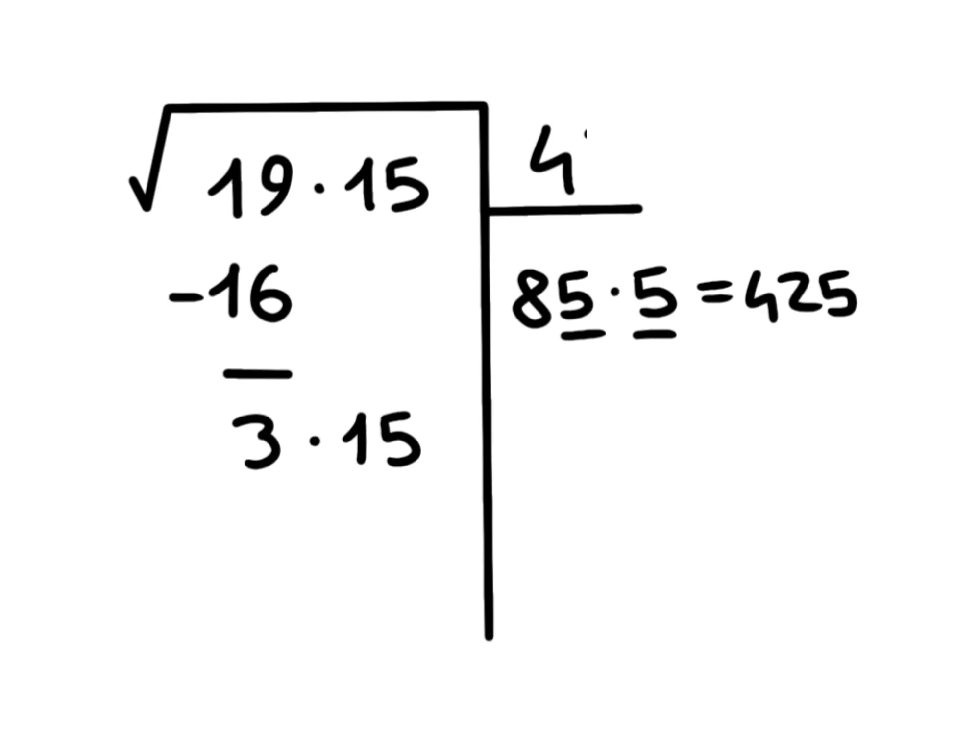 Cos' radice quadrata — Calcolo geometrico radice quadrata, tentativo con 85, moltiplicazione 85x5 uguale a 425, riduce a 315.