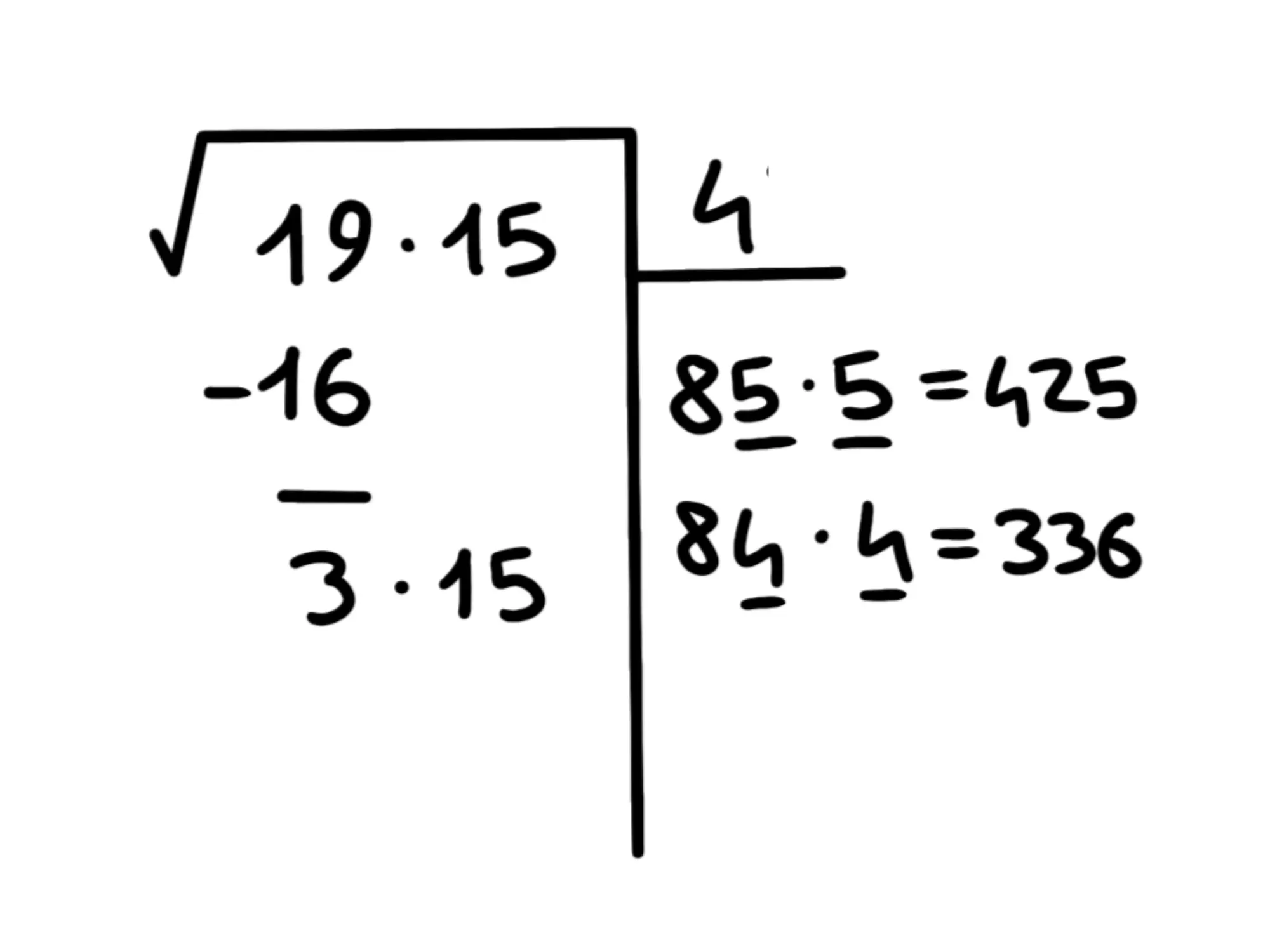 Cos' radice quadrata — Radice quadrata, calcolo con 84 come approssimazione, risultato intermedio inferiore a 315.