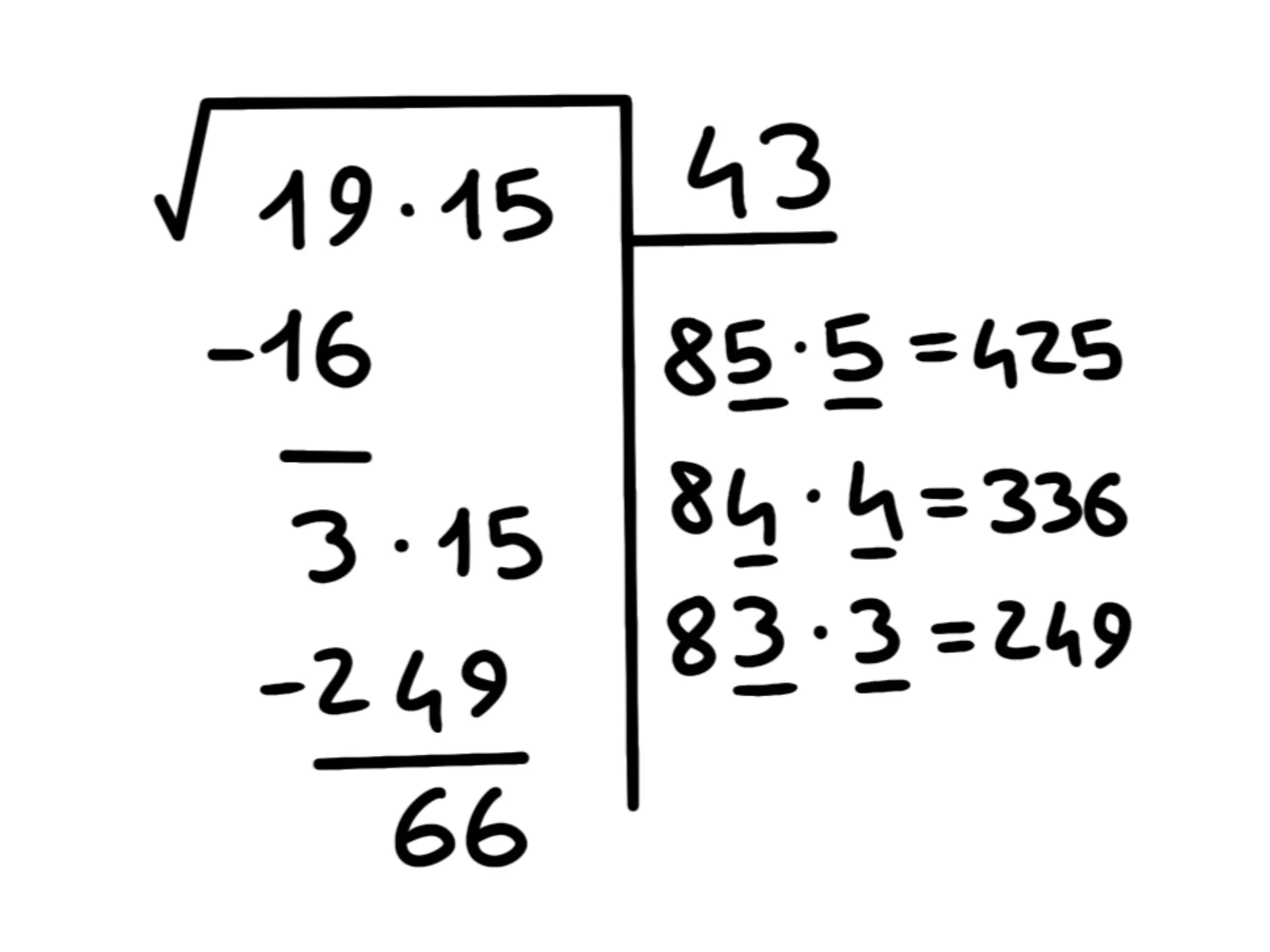Cos' radice quadrata — Radice quadrata 1915, calcolo manuale, mostra divisione e sottrazione fino a 66.