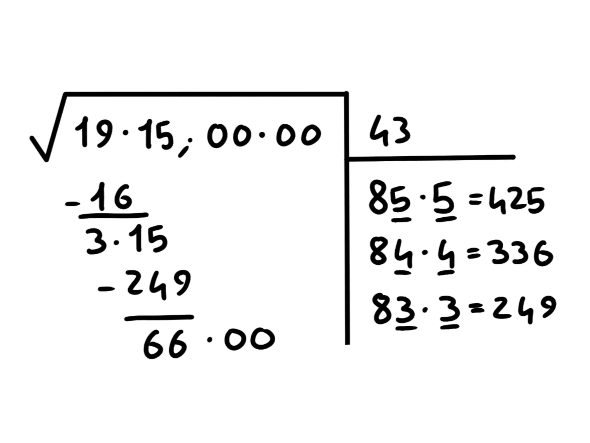 Cos' radice quadrata — Radice quadrata di 1915 calcolata con divisione, risultati parziali mostrati.