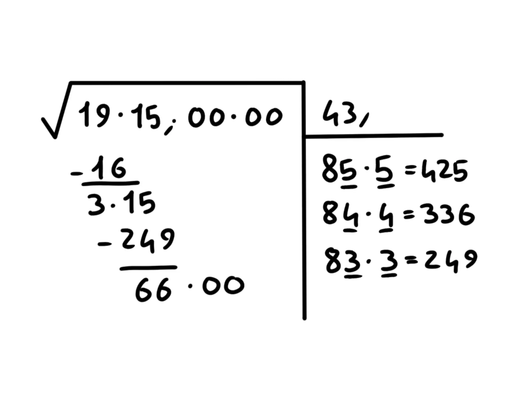 Cos' radice quadrata — Elenco calcoli radice quadrata manuale con divisione lunga.