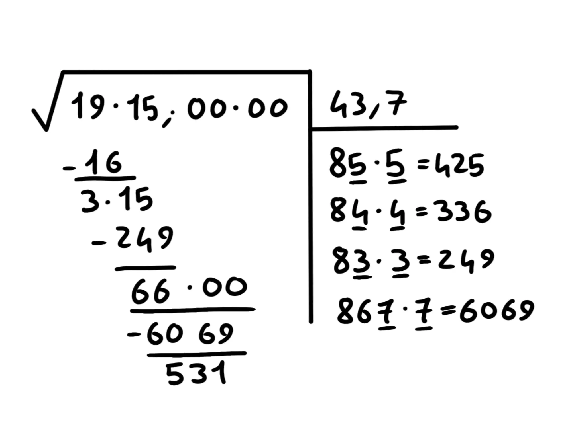 Cos' radice quadrata — Calcolo radice quadrata di 1915 con dettagli di divisione, sottrazione e moltiplicazione, risultato…