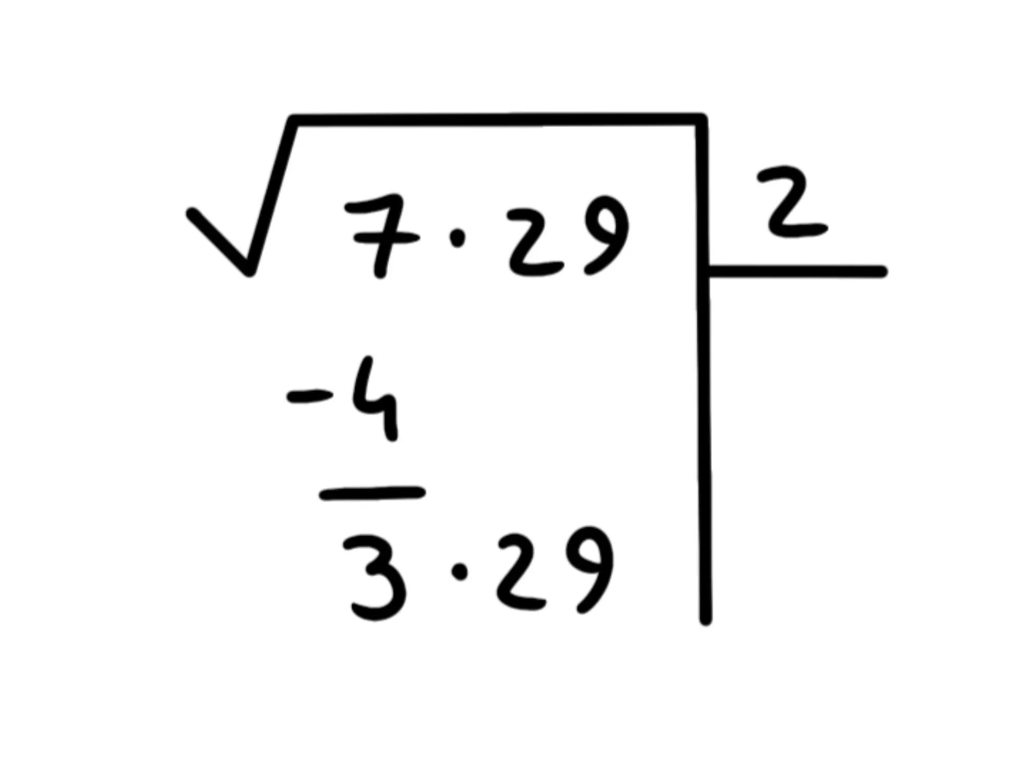 Cos' radice quadrata — Radice quadrata 729, algoritmo con sottrazione 4, risultato 3, quoziente parziale 2.