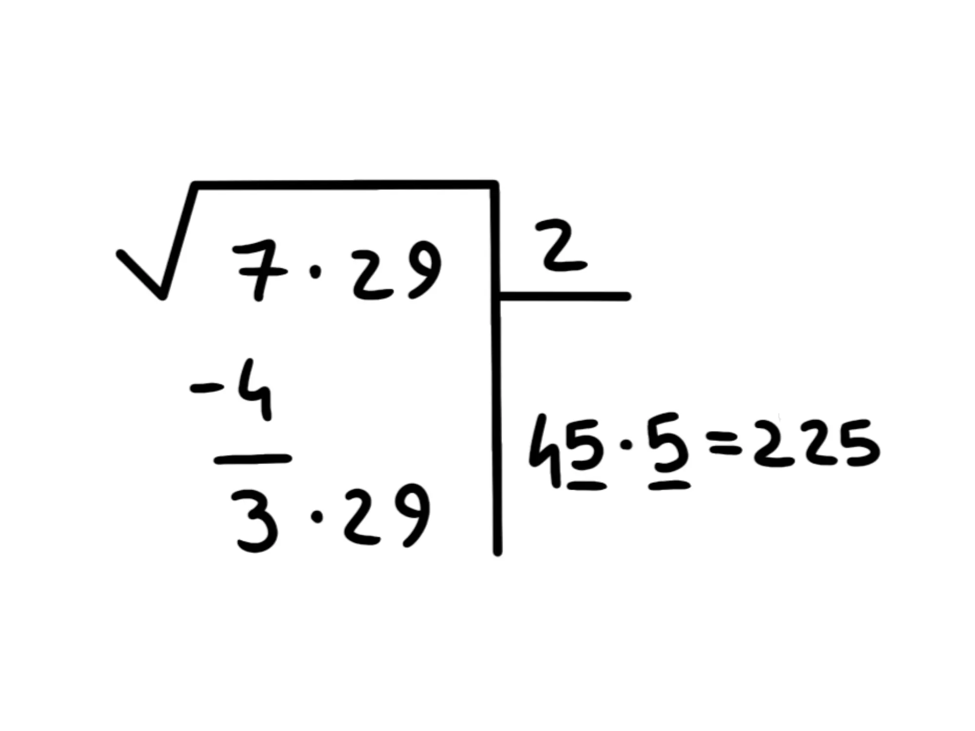 Cos' radice quadrata — Radice quadrata, calcolo del 329 con metodi manuali, risultante 225 con cifra provata 5.