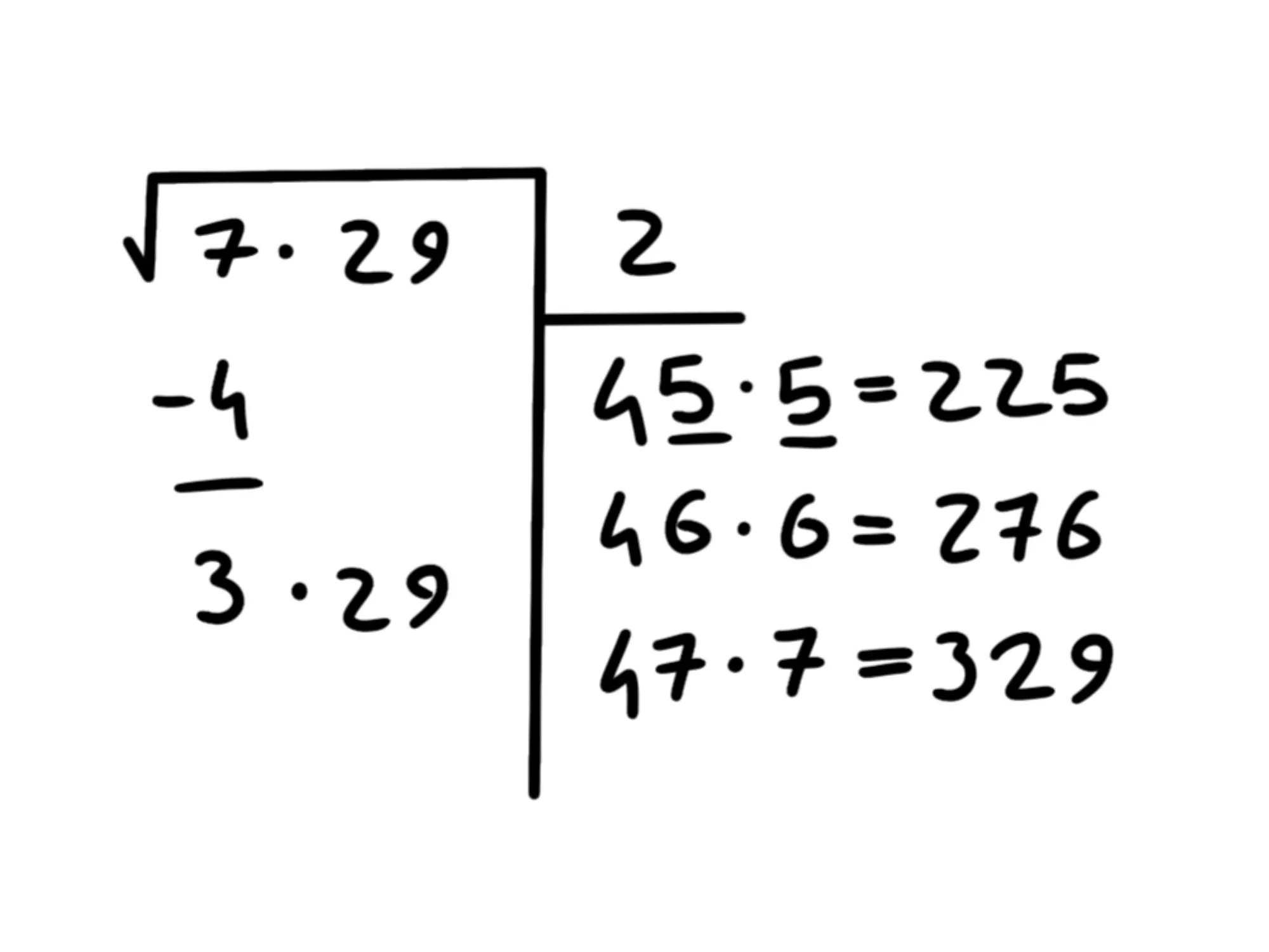 Cos' radice quadrata — Radice quadrata calcolata manualmente, risultato 27 con dettagli moltiplicativi e sottrazioni.