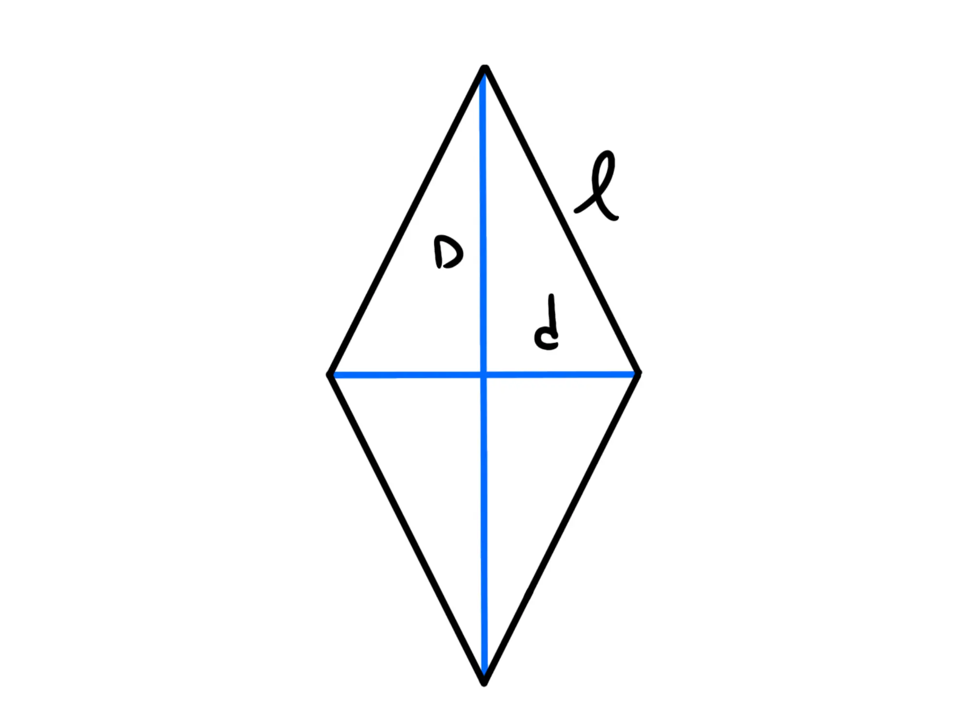 Cos'è rombo — Rombo con diagonali maggiori e minori etichettate e lato indicato.