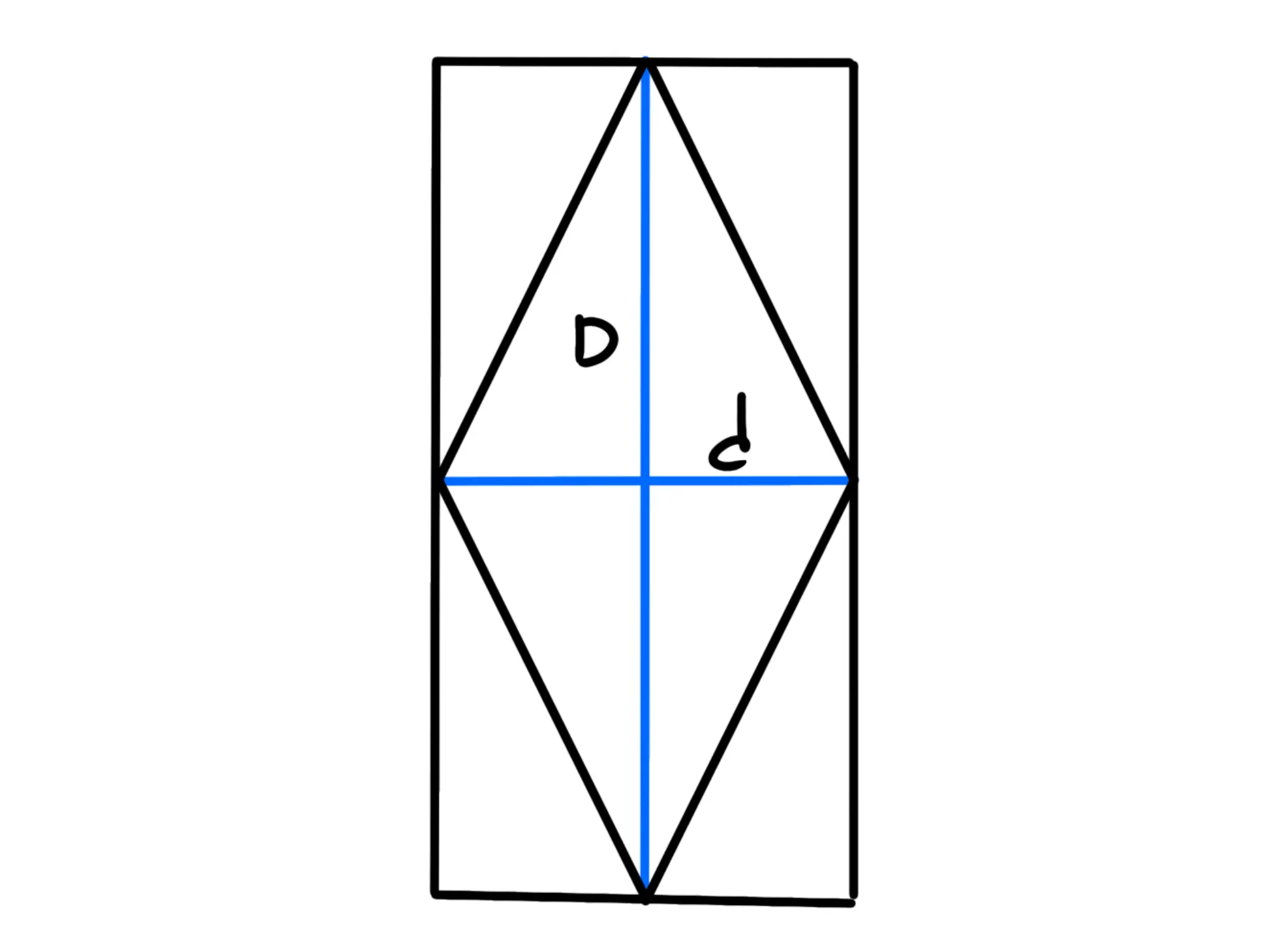 Perimetro area del rombo — Rombo inscritto in rettangolo con diagonali segnate.