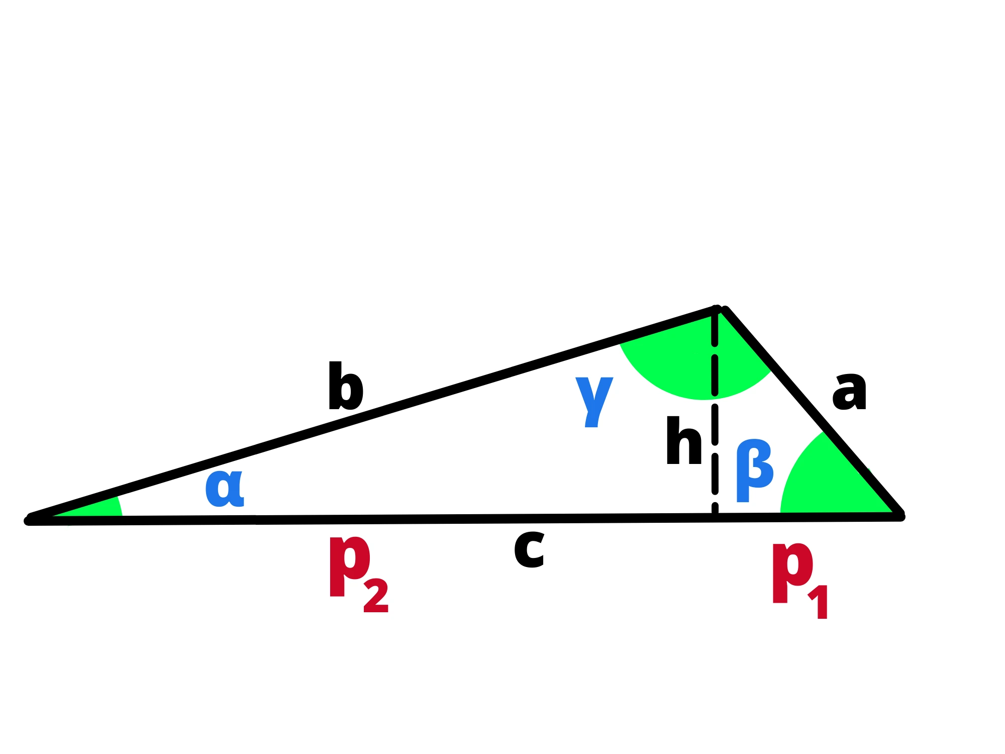 Teorema del coseno — Triangolo scaleno con altezze e angoli segnati.