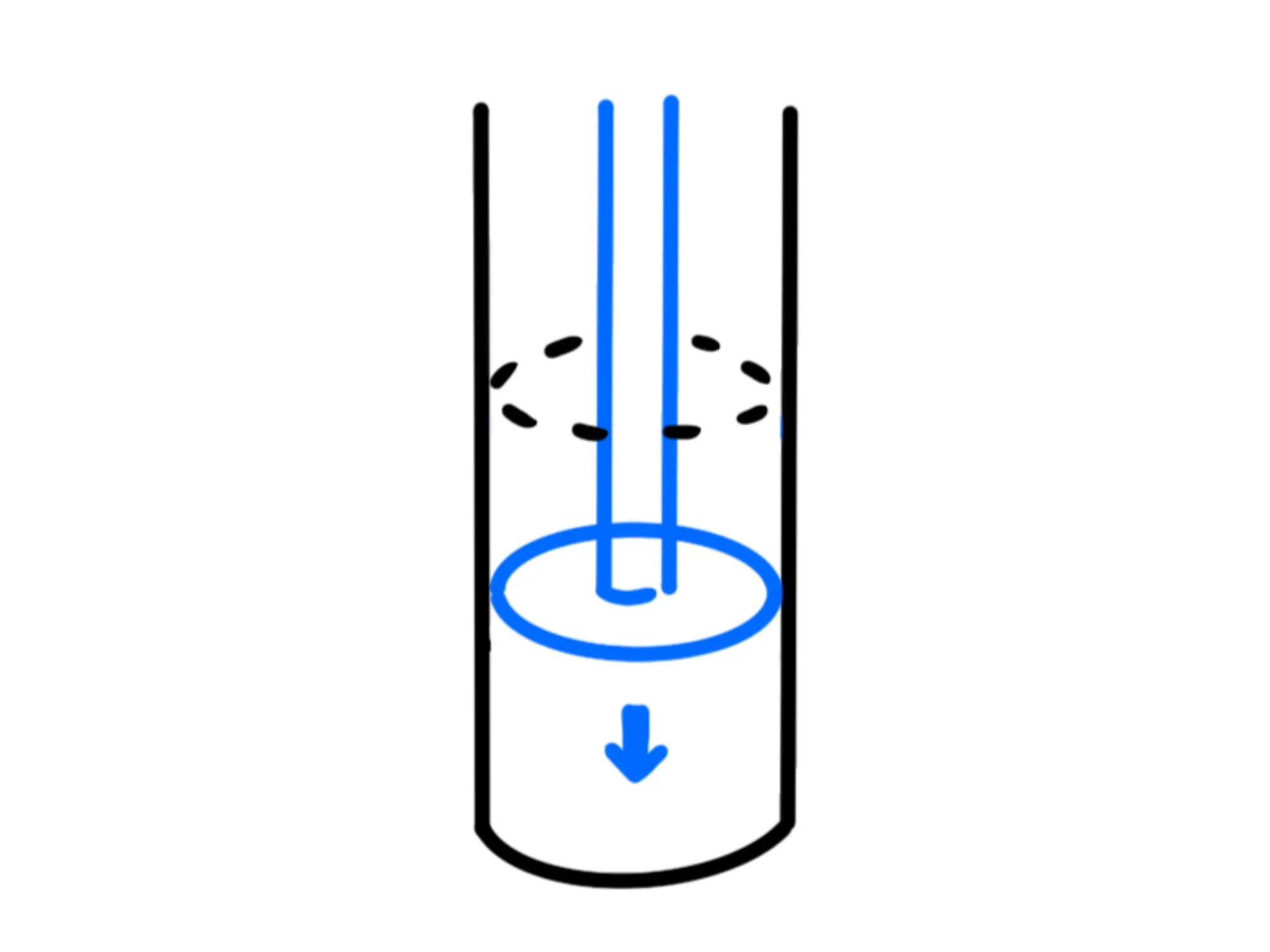 lavoro calore delle trasformazioni — Pistone in compressione dentro cilindro, freccia blu verso il basso.