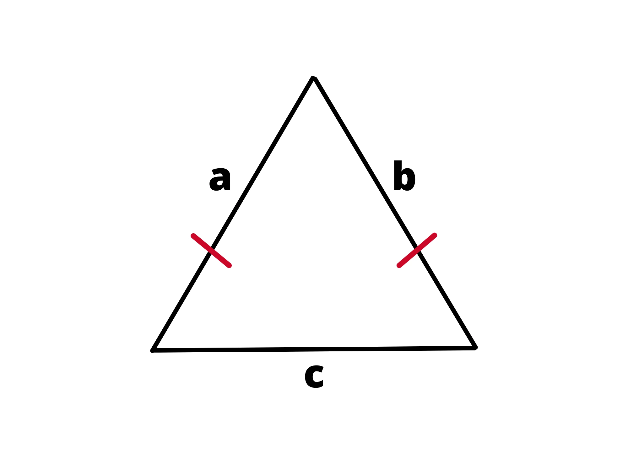 Triangolo isoscele, due lati uguali indicati come a e b, base c.